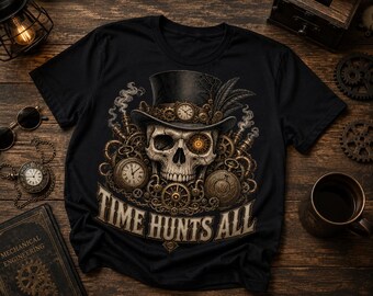 Time Hunts All PNG | Steampunk Skull Shirt Design | Gothic Skull Sublimation PNG | Vintage Clock Skull | Digital Download
