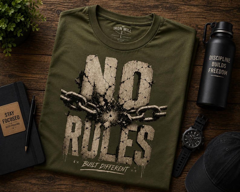 May include: An olive green t-shirt featuring a graphic of cracked stone letters spelling NO RULES with a metal chain wrapped around the center. Below the text, the words BUILT DIFFERENT are printed in white. The shirt has a crew neck collar.