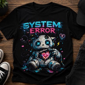 以下が含まれることがあります： 黒の半袖Tシャツ。胸元には、青く光る目とピンクに光る壊れたハートを持つ、ダメージを受けたロボットのグラフィックがプリントされています。ロボットのイラストの上部には、青とピンクで「SYSTEM ERROR」という文字が記されています。