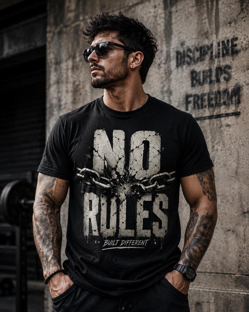 May include: A black short-sleeved t-shirt featuring a graphic print with the text NO RULES in a distressed, cracked stone texture. A metallic chain is depicted breaking across the center of the text, with the words BUILT DIFFERENT printed below.