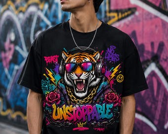 Unstoppable Tiger PNG | Neon Tiger Streetwear Design | Graffiti Tiger Shirt PNG | Gamer Sublimation | Digital Download