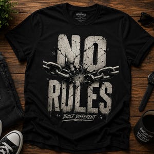 May include: A black short-sleeve t-shirt featuring a graphic print of cracked stone lettering that reads NO RULES with a broken metal chain across the center and the text BUILT DIFFERENT underneath. The shirt has a crew neck and a label at the collar.