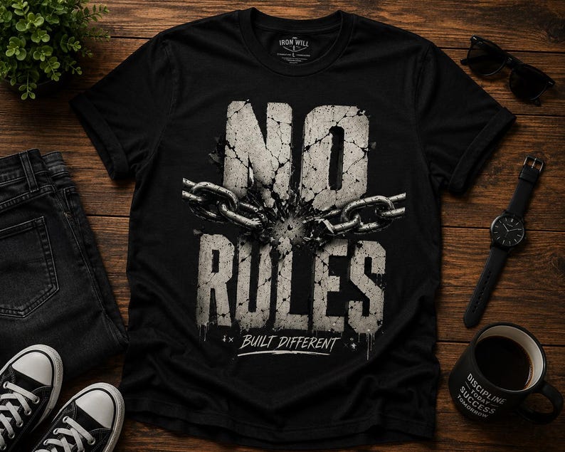 May include: A black short-sleeve t-shirt featuring a graphic print of cracked stone lettering that reads NO RULES with a broken metal chain across the center and the text BUILT DIFFERENT underneath. The shirt has a crew neck and a label at the collar.