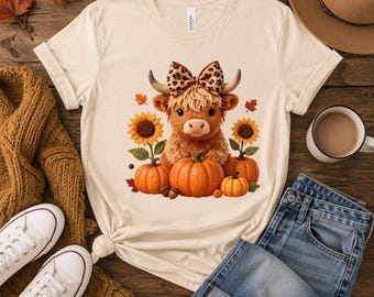 Highland Cow PNG | Cute Cow with Leopard Bow PNG | Fall Pumpkin Sublimation Design | Autumn Shirt PNG | Digital Download