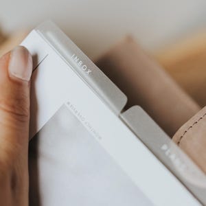 Peut inclure: Une page de planificateur blanche avec un onglet gris étiqueté INBOX et un deuxième onglet étiqueté PLAN. La page présente le texte MONTHLY OVERVIEW imprimé dans une police sans empattement épurée. Le design est minimaliste et organisé.