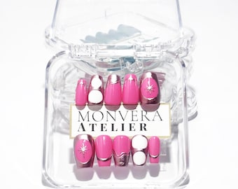 Uñas postizas cromadas rosas / Uñas almendradas rosadas elegantes / Uñas glamurosas para cumpleaños / Set de uñas de lujo hecho a mano