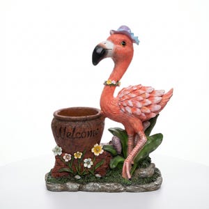 Solar Flamingo Welcome Garden Statue with Planter with LED Lights