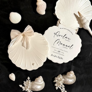 Custom Scallop Shell Wedding Invitation: Pearlescent Textured Coastal Invite with Silk Bow