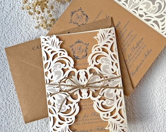 Vintage Lace Laser Cut Wedding Invitation, Kraft Paper Boho Stationery Suite