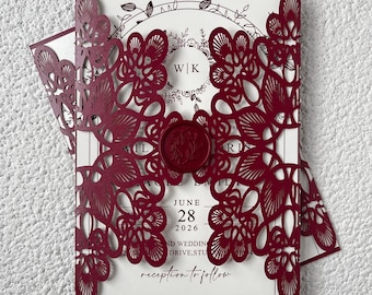 Burgundy Laser Cut Wedding Invitation, Elegant Hollow Lace Wedding Invites With Wax Seal Stamp