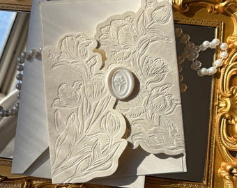 Velvet Floral Wedding Invitation Jacket with Wax Seal, Luxury Vintage Stationery