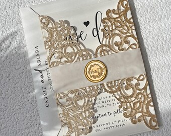 Luxury Gold Glitter Laser Cut Lace Wedding Invitation With Personalized Wax Seal Stamp