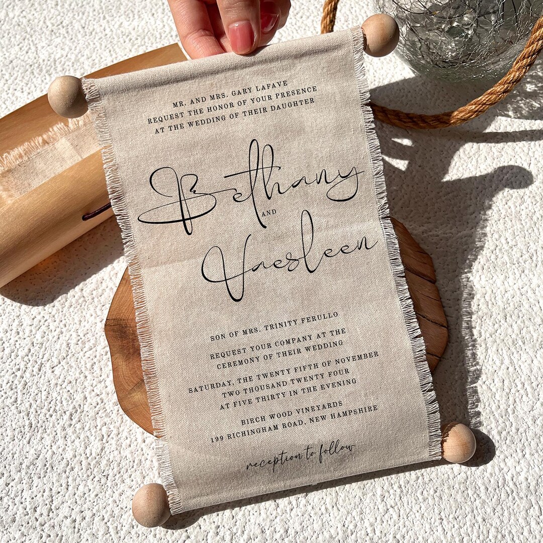 Linen Wedding Invitation Scroll, Frayed Edge, Rustic Boho Invite ...