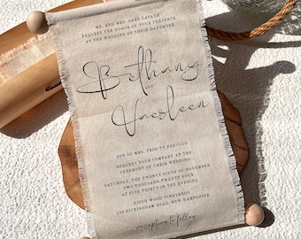 Linen Wedding Invitation Scroll, Frayed Edge, Rustic Boho Invite, Wooden Tube