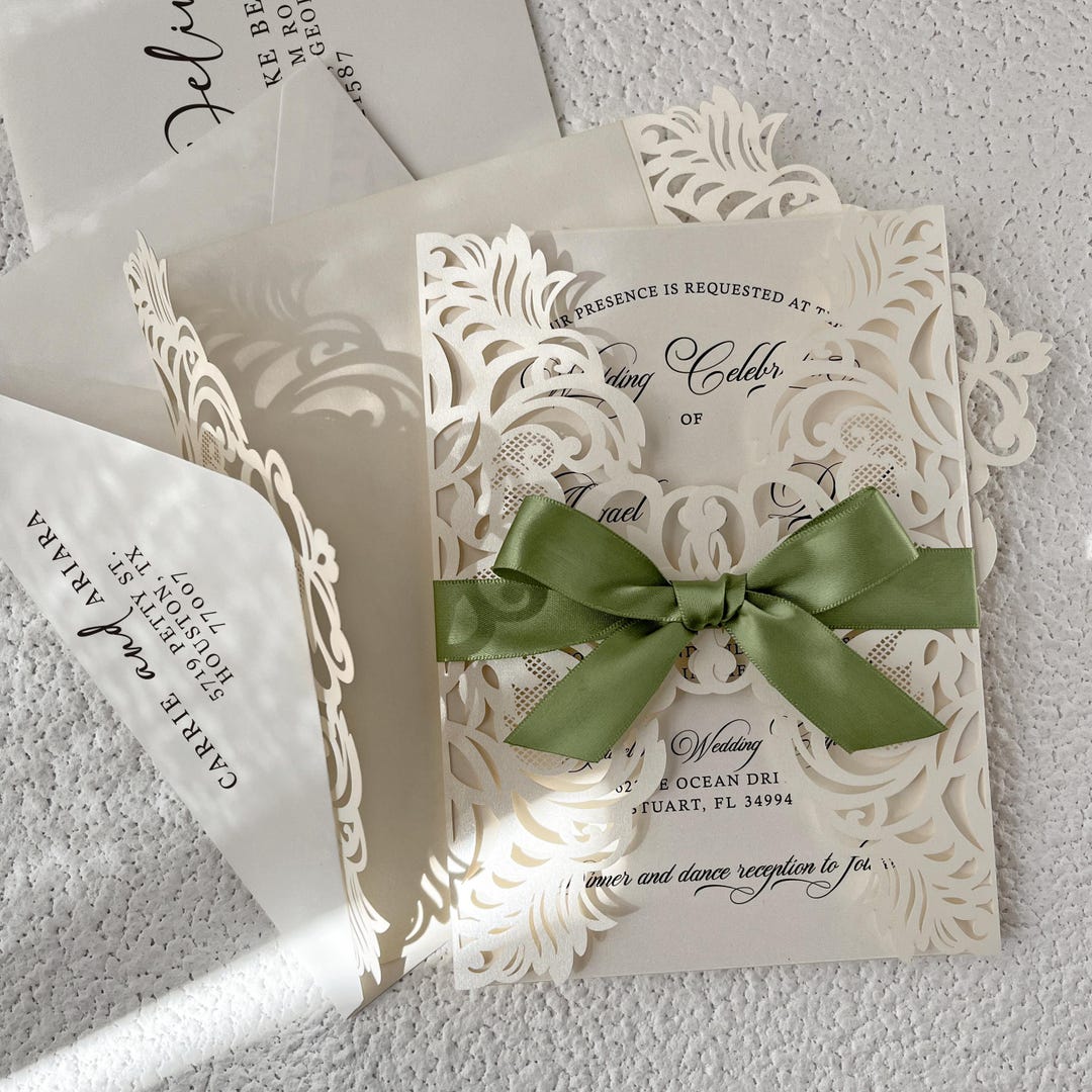 Sage Green Ribbon Laser Cut Wedding Invitation Suite, Elegant White ...