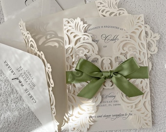 Sage Green Ribbon Laser Cut Wedding Invitation Suite, Elegant White Lace Hollow Invites