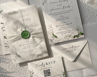 Sage Green Eucalyptus Wedding Invitations, Vellum Wrap, Frayed Ribbon, Boho Style