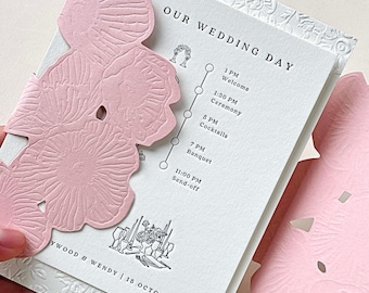 Pink Floral Die Cut Cotton Paper Wedding Invitations | Embossed Luxury Stationery