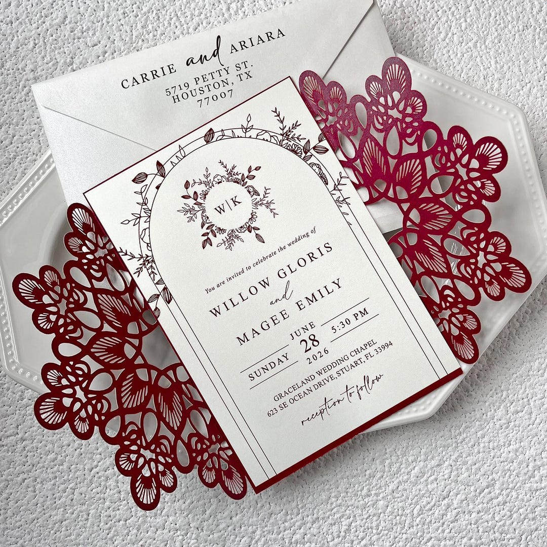 Burgundy Laser Cut Wedding Invitation With Ivory Pearl Insert & Wax ...