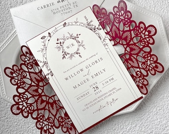 Burgundy Laser Cut Wedding Invitation with Ivory Pearl Insert & Wax Seal