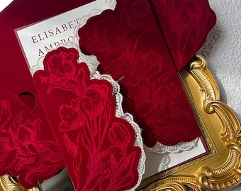 Burgundy Velvet Tulip Wedding Invitations, Lace Edge Embossed Floral Luxury Invite