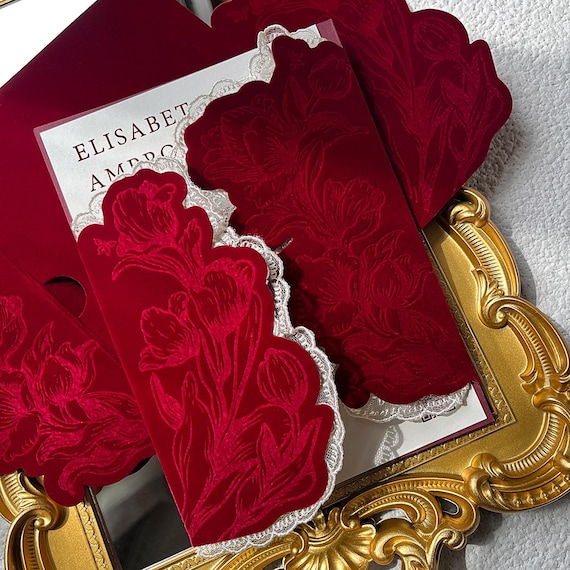 Burgundy Velvet Tulip Wedding Invitations, Lace Edge Embossed Floral Luxury Invite