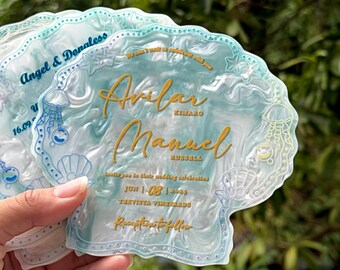 Seashell Acrylic Wedding Invitations, Ocean Marble Texture, Gold Foil Beach Stationery