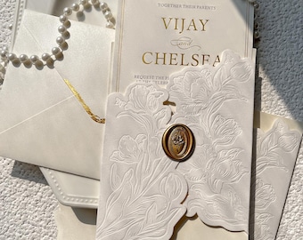 Velvet Floral Wedding Invitation Suite,Gold Foil Invite Card and Rose Wax Seal