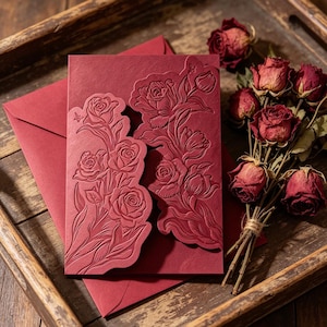 Op de afbeelding: Een rode uitnodigingskaart met een reliëf bloemmotief van rozen en bladeren. De kaart wordt vergezeld door een bijpassende envelop. Gedroogde rode rozen zijn gerangschikt op een houten dienblad, als aanvulling op de kleur en het thema van de kaart.