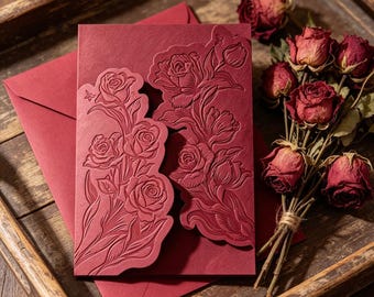 Burgundy Embossed Floral Wedding Invitation, Die-Cut Rose Invite Suite, Romantic  Jacket (fits 5x7)