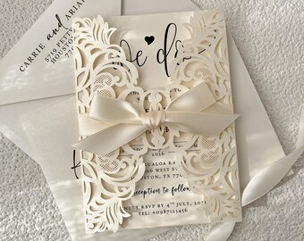Ivory Laser Cut Wedding Invitations, Romantic Bow Detail, Minimalist Luxury Stationery Suite