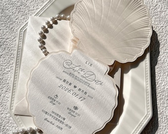Seashell Wedding Invitations, Ivory Pearl Bow Stationery, Cotton Paper Deboss Print Card