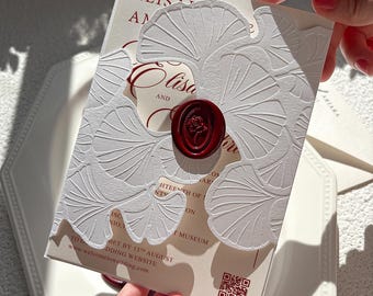 Embossed Ginkgo Wedding Invitation, Burgundy Rose Wax Seal, Matte Ivory Custom Invite