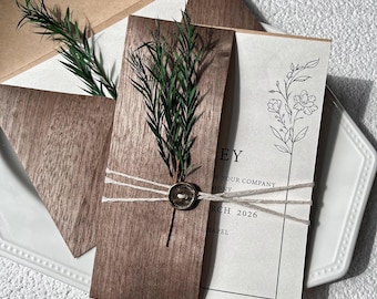 Rustic Wood Bark Wedding Invitations, Pearlescent Inner Custom Wedding Cards