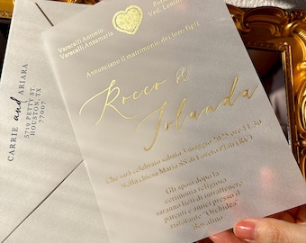 Vellum Gold Foil Wedding Invitation, Translucent Invite, Elegant Stamped Card, Calligraphy Heart
