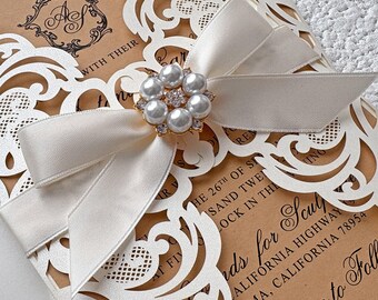 Laser Cut Wedding Invitations, Ivory Lace, Pearl Bow, Kraft Paper Stationery Suite