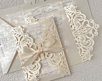 Ivory Laser Cut Wedding Invitations, Hollow Floral Lace, Satin Bow, Vintage Elegant Invite