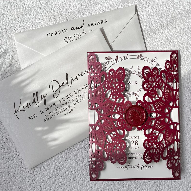 Burgundy Laser Cut Wedding Invitation With Ivory Pearl Insert & Wax ...