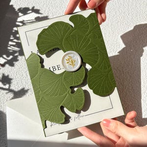 Embossed Ginkgo Laser Cut Wedding Invitation Suite, Minimalist Green Foil Wax Seal Stationery