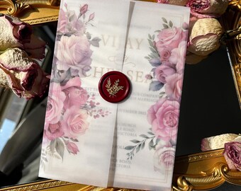 Blush Pink Rose Wedding Invitations, Frosted Vellum, Gold Foil, Burgundy Wax Seal