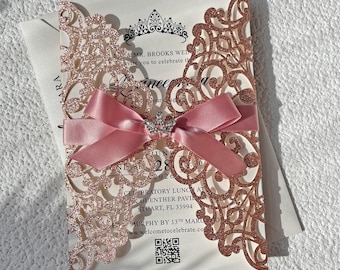 Rose Gold Glitter Laser Cut Quinceañera Invitation, Blush Pink Crown Detail