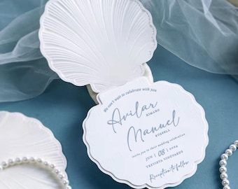 Seashell Laser Cut Wedding Invitation, Ivory Pearl Insert, Beach Theme Invite