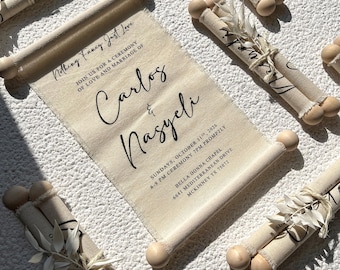 Linen Scroll Wedding Invitation, Natural Boho Rustic Invite, Custom Handmade Personalized Cards
