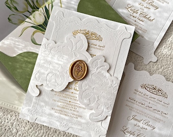 Laser Cut Floral Wedding Invitation, Gold Foil Cotton Paper, Debossed Calligraphy Invite, Customizable Color