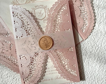 Blush Pink Laser Cut Wedding Invitations, Elegant Monogram Cards, Pearl Paper Suite