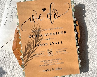 Rustic Kraft Wedding Invitation, Vintage Floral Lace, Customizable Card