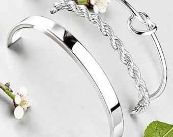 Sterling Silver 14K Gold Plated Bracelet Set, Adjustable Tennis Bangle Cuff Stack