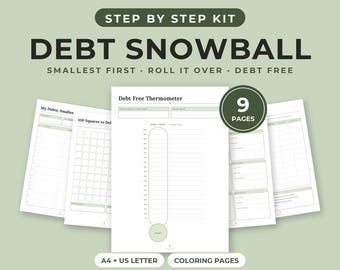Kit stampabile per la strategia "palla di neve" per la gestione dei debiti, strumento di monitoraggio del rimborso dei debiti, pagina da colorare sui debiti, 100 quadrati, termometro dei debiti, agenda per liberarsi dai debiti, formato A4.