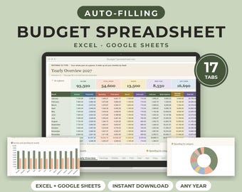 Budget Spreadsheet for Excel and Google Sheets, Monthly & Yearly Budget Planner, Expense Tracker, Savings and Debt Payoff, Auto Filling