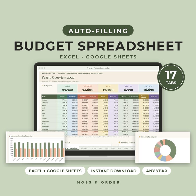 Budget Spreadsheet for Excel and Google Sheets, Monthly & Yearly Budget Planner, Expense Tracker, Savings and Debt Payoff, Auto Filling image 1